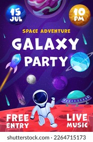 Caricatura de folletos de los partidos espaciales astronautas, ufo, cohetes y planetas espaciales. Cartel de invitación vectorial de caricatura con cosmonauta divertida, galaxia o paisaje del universo y estrellas. Invitar a un show musical, evento fest