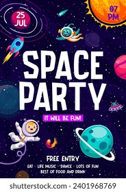 Space party flyer of cartoon astronaut and alien characters with rocket and UFO in starry galaxy landscape vector background. Outer space planets, comets and stars on dark sky, kids party invitation