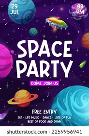 Raumfahrtparty, Cartoon Galaxy Sterne, Planeten und ufo. Vektor Einladung Poster Vorlage für Musik-Show oder Festival mit Essen und Getränken. Außerirdisches Fantasy-Abenteuer in Universum-Unterhaltung in Nachtclub