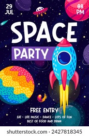 Space party flyer with cartoon rocket and UFO spaceship on starry galaxy background. Vector funny spacecraft, fantasy planets, fire asteroids, stars and comets. Space travel poster for kids party