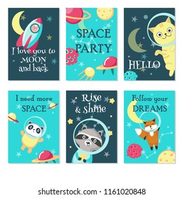 Space party invitation card template set. Vector illustration of cute animals panda, raccoon, fox, cat in space helmet, rockets, planets, ufo, stars, handwritten quotations.