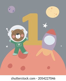 Plantilla de tarjeta de invitación de fiesta espacial, fiesta de cumpleaños en la celebración de estilo cósmico, tarjeta de saludo, vector de caricaturas de volante. Ilustración infantil con astronauta de oso y número uno.