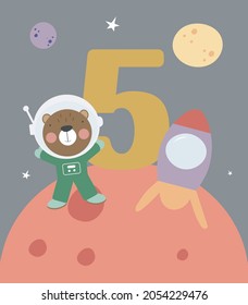 Space Party Invitation Card Template, Birthday Party in Cosmic Style Celebration, Greeting Card, Flyer Cartoon Vector. Kids illustration with bear astronaut and number five.