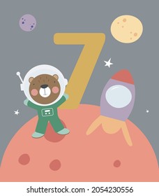 Space Party Invitation Card Template, Birthday Party in Cosmic Style Celebration, Greeting Card, Flyer Cartoon Vector. Kids illustration with bear astronaut and number seven.
