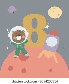 Space Party Invitation Card Template, Birthday Party in Cosmic Style Celebration, Greeting Card, Flyer Cartoon Vector. Kids illustration with bear astronaut and number eight.