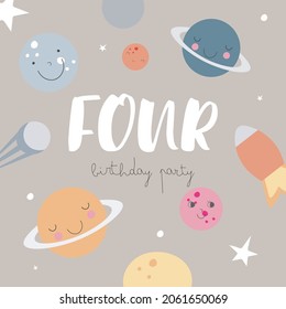 Space Party Invitation Card Template, Birthday Party In Cosmic Style Celebration, Greeting Card, Flyer Cartoon Vector. Kids Illustration With Planets And Number Four.