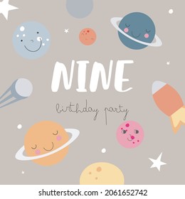 Space Party Invitation Card Template, Birthday Party in Cosmic Style Celebration, Greeting Card, Flyer Cartoon Vector. Kids illustration with planets and number nine.