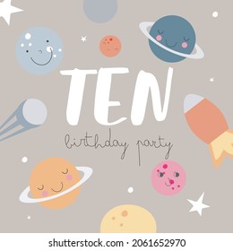 Space Party Invitation Card Template, Birthday Party in Cosmic Style Celebration, Greeting Card, Flyer Cartoon Vector. Kids illustration with planets and number ten.