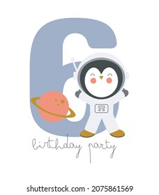 Space Party Invitation Card Template, Birthday Party in Cosmic Style Celebration, Greeting Card, Flyer Cartoon Vector. Kids illustration with bear astronaut and number six.