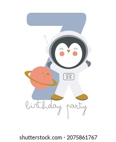 Space Party Invitation Card Template, Birthday Party in Cosmic Style Celebration, Greeting Card, Flyer Cartoon Vector. Kids illustration with bear astronaut and number seven.