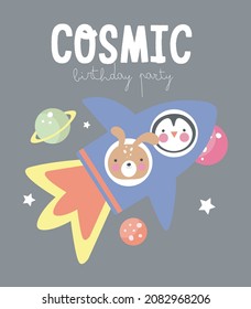 Plantilla de tarjeta de invitación de fiesta espacial, fiesta de cumpleaños en la celebración de estilo cósmico, tarjeta de saludo, vector de caricaturas de volante. Ilustración infantil con astronautas de cohetes y animales.