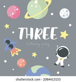 Space Party Invitation Card Template, Birthday Party in Cosmic Style Celebration, Greeting Card, Flyer Cartoon Vector. Kids illustration with planets, cosmonaut, rocket and number three.