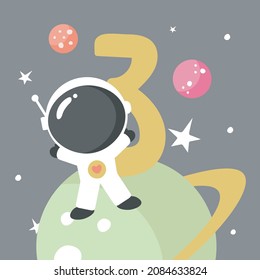 Space Party Invitation Card Template, Birthday Party in Cosmic Style Celebration, Greeting Card, Flyer Cartoon Vector. Kids illustration with planets, cosmonaut and number three.