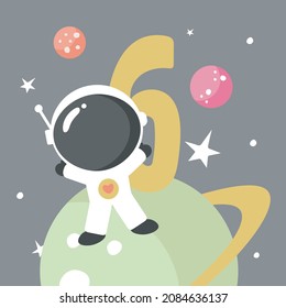 Plantilla de tarjeta de invitación de fiesta espacial, fiesta de cumpleaños en la celebración de estilo cósmico, tarjeta de saludo, vector de caricaturas de volante. Ilustración infantil con planetas, cosmonauta y número seis.