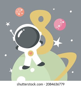 Space Party Invitation Card Template, Birthday Party in Cosmic Style Celebration, Greeting Card, Flyer Cartoon Vector. Kids illustration with planets, cosmonaut and number eight.