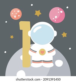 Space Party Invitation Card Template, Birthday Party in Cosmic Style Celebration, Greeting Card, Flyer Cartoon Vector. Kids illustration with planets, cosmonaut and number one.