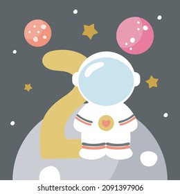 Space Party Invitation Card Template, Birthday Party in Cosmic Style Celebration, Greeting Card, Flyer Cartoon Vector. Kids illustration with planets, cosmonaut and number two.