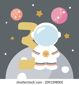 Space Party Invitation Card Template, Birthday Party in Cosmic Style Celebration, Greeting Card, Flyer Cartoon Vector. Kids illustration with planets, cosmonaut and number three.