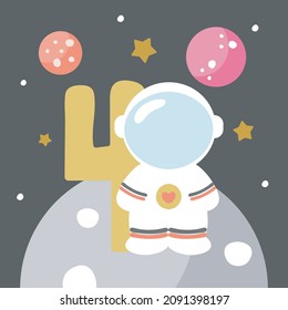 Space Party Invitation Card Template, Birthday Party in Cosmic Style Celebration, Greeting Card, Flyer Cartoon Vector. Kids illustration with planets, cosmonaut and number four.