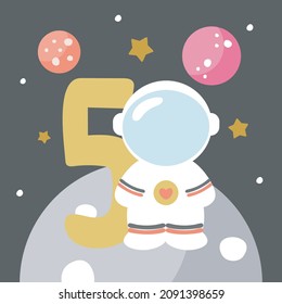 Space Party Invitation Card Template, Birthday Party in Cosmic Style Celebration, Greeting Card, Flyer Cartoon Vector. Kids illustration with planets, cosmonaut and number five.