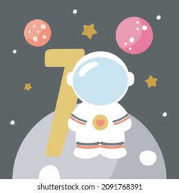 Space Party Invitation Card Template, Birthday Party in Cosmic Style Celebration, Greeting Card, Flyer Cartoon Vector. Kids illustration with planets, cosmonaut and number seven.