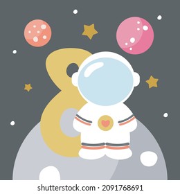 Space Party Invitation Card Template, Birthday Party in Cosmic Style Celebration, Greeting Card, Flyer Cartoon Vector. Kids illustration with planets, cosmonaut and number eight.