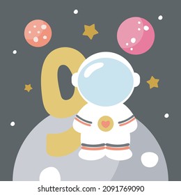 Space Party Invitation Card Template, Birthday Party in Cosmic Style Celebration, Greeting Card, Flyer Cartoon Vector. Kids illustration with planets, cosmonaut and number nine.