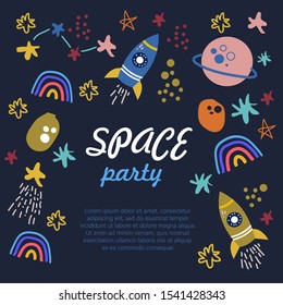 Space Party Invitation, Flyer, Card. Rocket, Planets, Stars