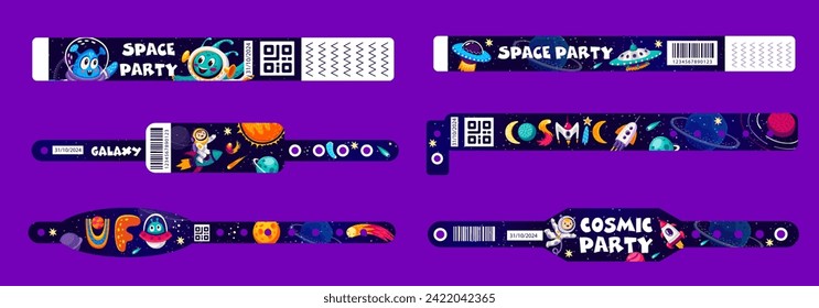 Space party paper bracelets for entrance, hand wristband mockup. Vector set of celestial-themed cosmic bands with aliens, rockets and astronauts, setting the tone for an out-of-this-world experience