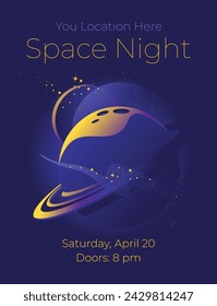 Space party poster. Advertisement of nightclub events. Universe and planets on a dark background. Greeting card design concept. Vector illustration