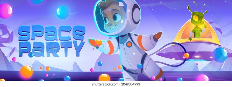 Space Party Poster With Cute Spaceman And Alien Character In Sweet World. Vector Banner With Cartoon Illustration Of Candy Planet Landscape, Boy Astronaut And Extraterrestrial In Flying Saucer