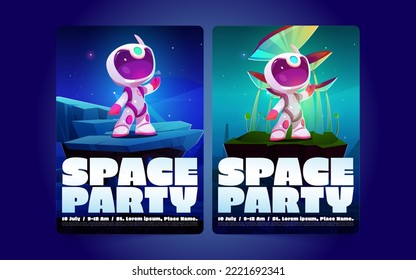 Space party posters with cute little spaceman on alien planet with rocks and mushrooms. Music fest, night club or birthday party in cosmic style with astronaut, vector cartoon illustration