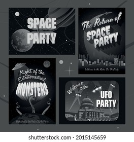 Space Party Posters, Invitations, Retro Sci Fi Movie Posters Style Illustrations, Flying Saucers, Space Rockets, Planets, Night City