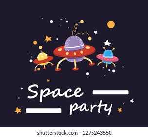 space party with space, stars, flying saucers