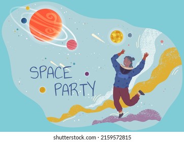 Space party vector female astronaut, cosmonaut, spaceship, comets, rocket, alien, UFO, sky and person flies in outer space, cosmic area, card or poster. Childrens drawings of starry sky and galaxy