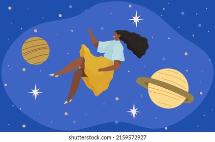 Space party vector female astronaut, cosmonaut, spaceship, comets, rocket, alien, UFO, sky and person flies in outer space, cosmic area, card or poster. Childrens drawings of starry sky and galaxy