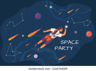 Weltraumpartei Vektorweibchen Astronaut, Kosmonaut, Raumschiff, Kometen, Rakete, Außerirdische, UFO, Himmel und Person fliegt im Weltraum, kosmischen Bereich, Karte oder Poster. Kinderzeichnungen von Sternenhimmel und Galaxie