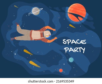 Weltraumpartei Vektorweibchen Astronaut, Kosmonaut, Raumschiff, Kometen, Rakete, Außerirdische, UFO, Himmel und Person fliegt im Weltraum, kosmischen Bereich, Karte oder Poster. Kinderzeichnungen von Sternenhimmel und Galaxie