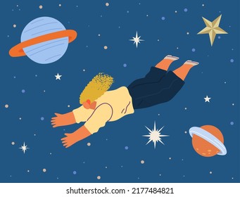 Space party vector female astronaut, cosmonaut, spaceship, comets, rocket, alien, UFO, sky and person flies in outer space, cosmic area, card or poster. Childrens drawings of starry sky and galaxy