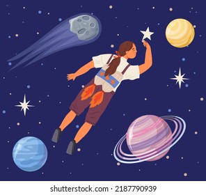 Space party vector female astronaut, cosmonaut, spaceship, comets, rocket, alien, UFO, sky and person flies in outer space, cosmic area, card or poster. Childrens drawings of starry sky and galaxy