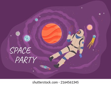 Space party vector male astronaut, cosmonaut, spaceship, comets, rocket, alien, UFO, sky and person flies in outer space, cosmic area, card or poster. Childrens drawings of starry sky and galaxy