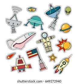 Space patch badges. Vector template illustration. Moon, planet, rocket, earth, cosmonaut comet universe. Classification milky way. Cosmos icon.
