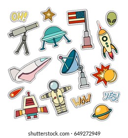 Space patch badges. Vector template illustration. Moon, planet, rocket, earth, cosmonaut comet universe. Classification milky way. Cosmos icon.