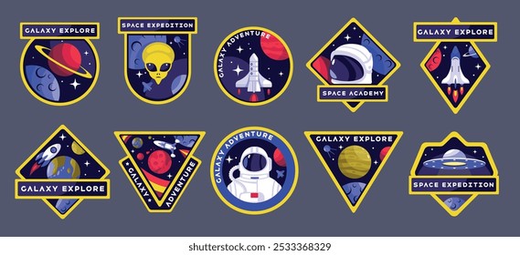 Parche espacial. Astronauta de dibujos animados y transbordador espacial, emblemas de exploración espacial vintage e insignias con Elementos del cosmos. Conjunto aislado de colección de Vector.