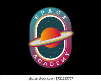 Space patch, galaxy exploration and astronaut mission vector badge and spaceship emblem. Vintage t shirt print design, space forces rocket, mars and moon expedition  concept. Colorful bright design.