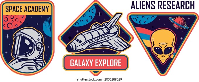 Space patches, galaxy exploration and astronaut mission vector badges and spaceship emblems. Vintage t shirt print design, space forces rocket, mars and moon expedition shuttle