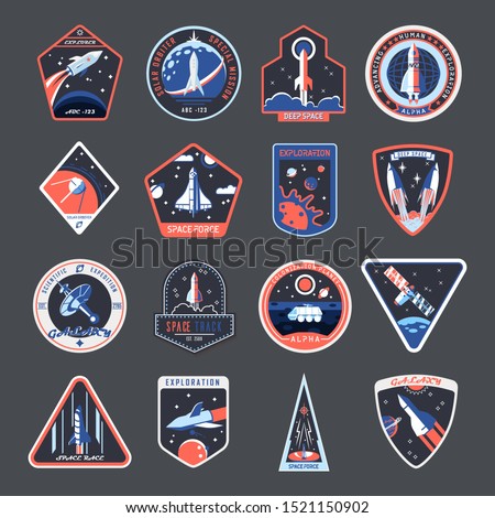 Space patches, galaxy exploration and astronaut mission vector badges and spaceship emblems. Vintage t shirt print design, space forces rocket, mars and moon expedition shuttle