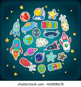 Space patches set,colorful collection. Doodle space suit, ship, astronaut, asteroid, spaceship, alien, science, star, planet Earth, Mars, Saturn, clouds... Hand drawn vector illustration.