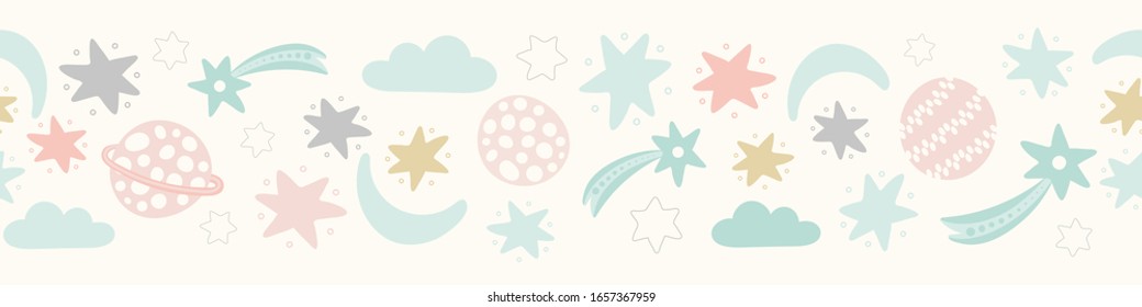 Space pattern banner design in pastel colours. Cute vector solar system repeat border background.