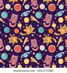 Patrón espacial con gatos astronautas entre planetas, asteroides y estrellas. patrón de galaxia con fondo oscuro. fondo de Vector para Fondo de pantalla, ropa, pijamas, tarjetas y decoración.